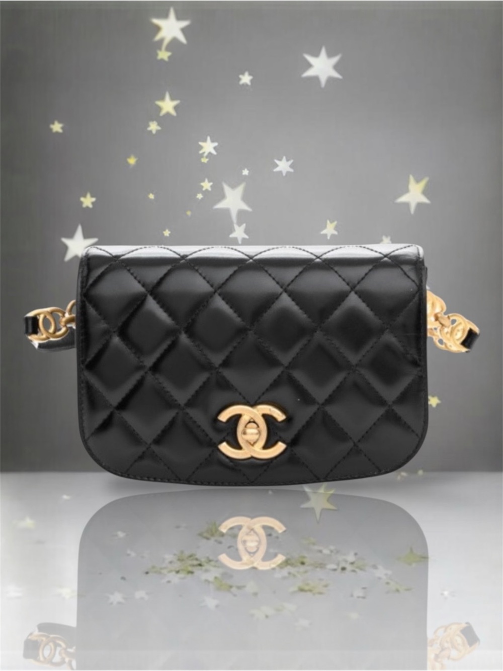 🆕💞CHANEL Black Full Flap Waist Belt Bag Quilted Shiny Calfskin+Suede Antique GHW